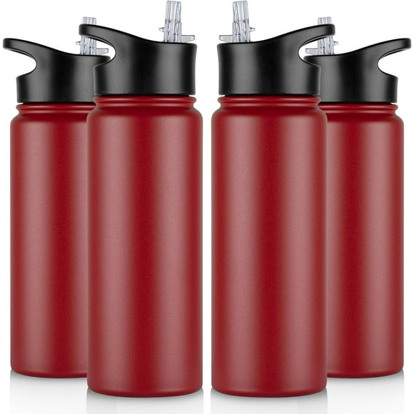TRAHOO-24 oz Insulated Water Bottle Bulk 4 Pack, Stainless Steel Sports Water Bottles with Straw Lid & Wide Mouth Lids, Double Walled Vacuum, Leak Proof, Red