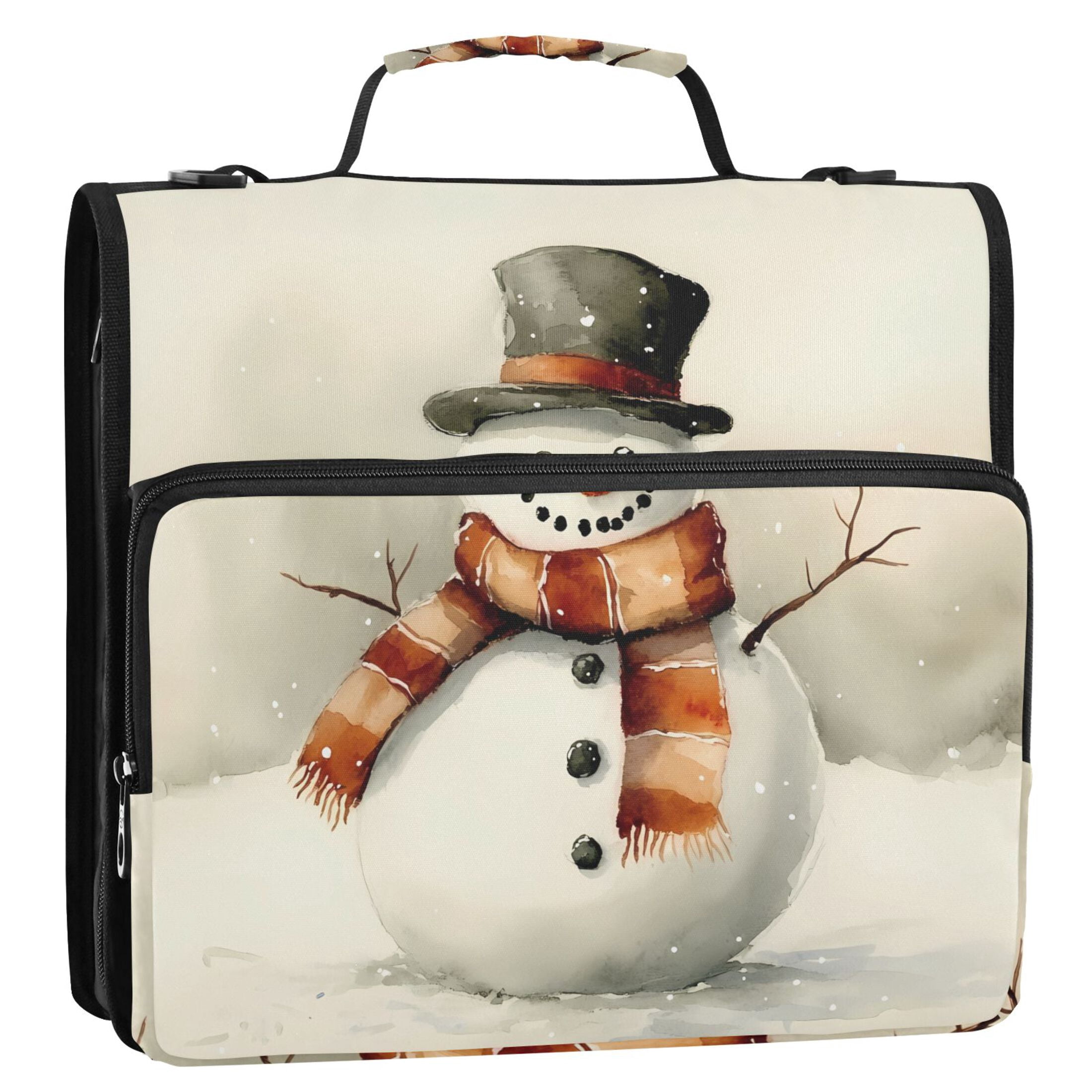 3 Ring Zipper Binder with Shoulder Strap Waterproof Trapper Keeper 2 Inch D-Ring 500 Sheets Capacity Cute Snowman with Hat Scarf