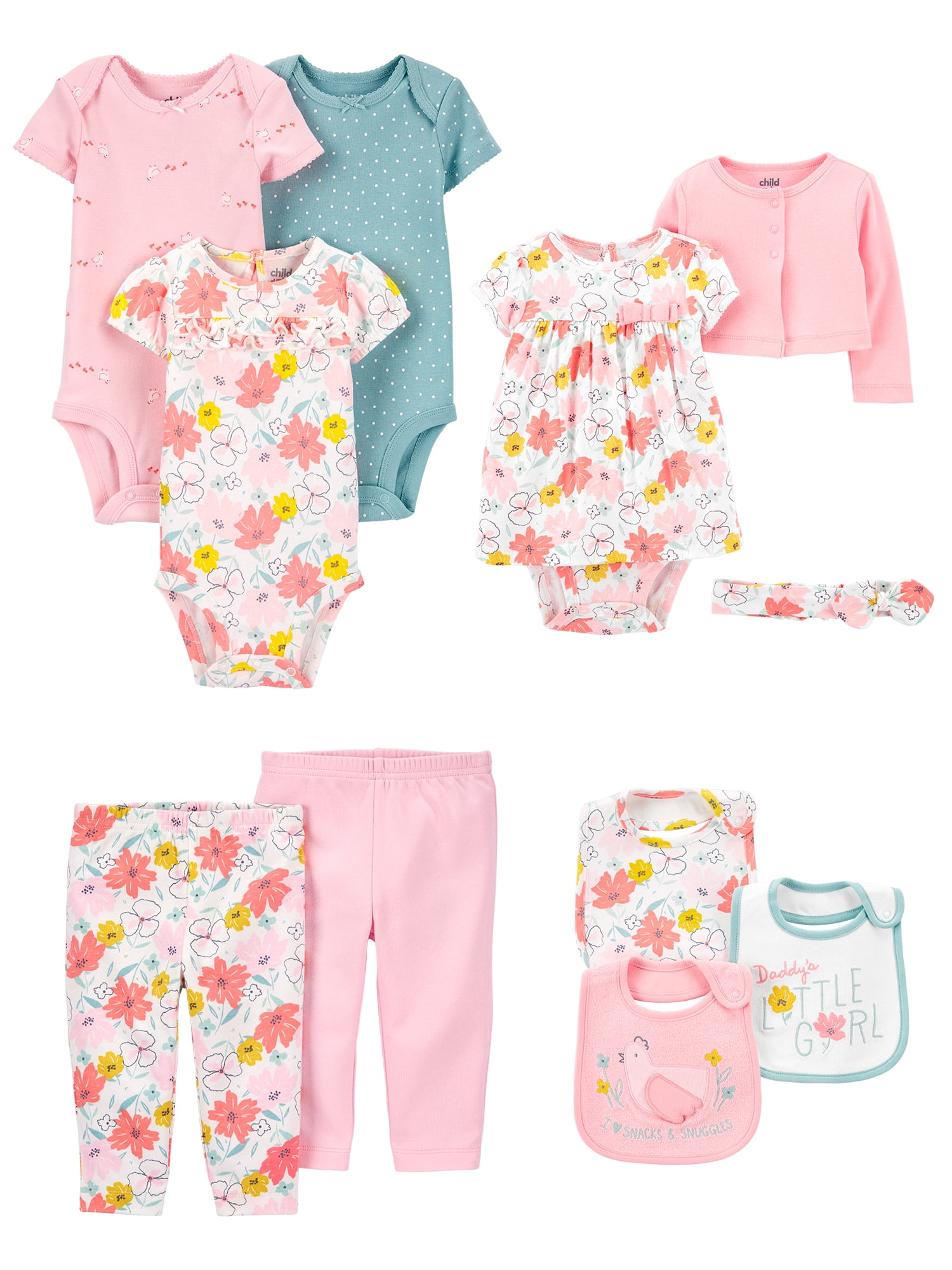 Carter's Child of Mine Baby Girls Short Sleeve Bodysuits, Pants, Dress Set, and Bibs, 11-Piece Set, Preemie-24 Months