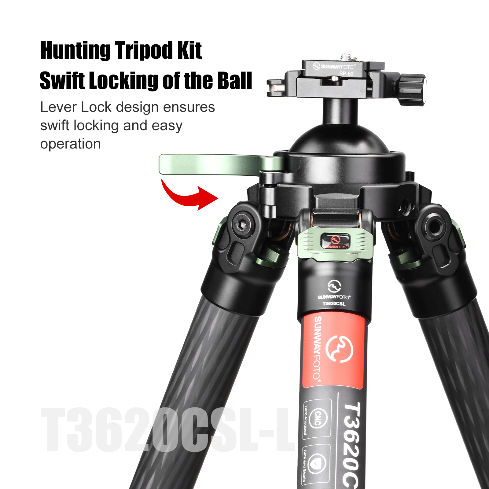 SUNWAYFOTO T3620CSL, 68” Tall Carbon Fiber Tripod with 65mm Hunting Ballhead for Rifle, 36mm Tubes Two Section