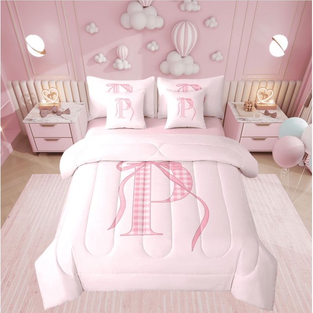 Erosebridal Pink Bow Bedding Sets Queen Size, Initial P Comforter Sets with Sheets, Princess Room Decor, Reversible 7 Pieces