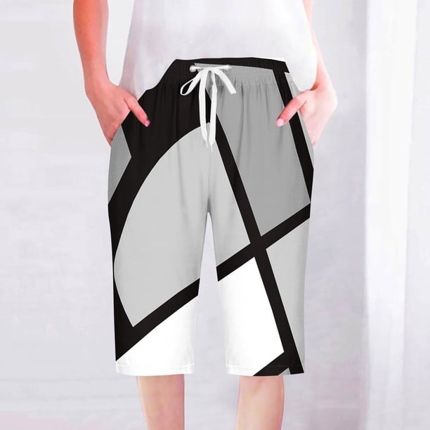Puntoco Pantalones cortos de salón para mujer, pantalones cortos casuales para mujer, pantalones holgados, cómodos, con cintura elástica y cordón de pierna recta y bolsillos