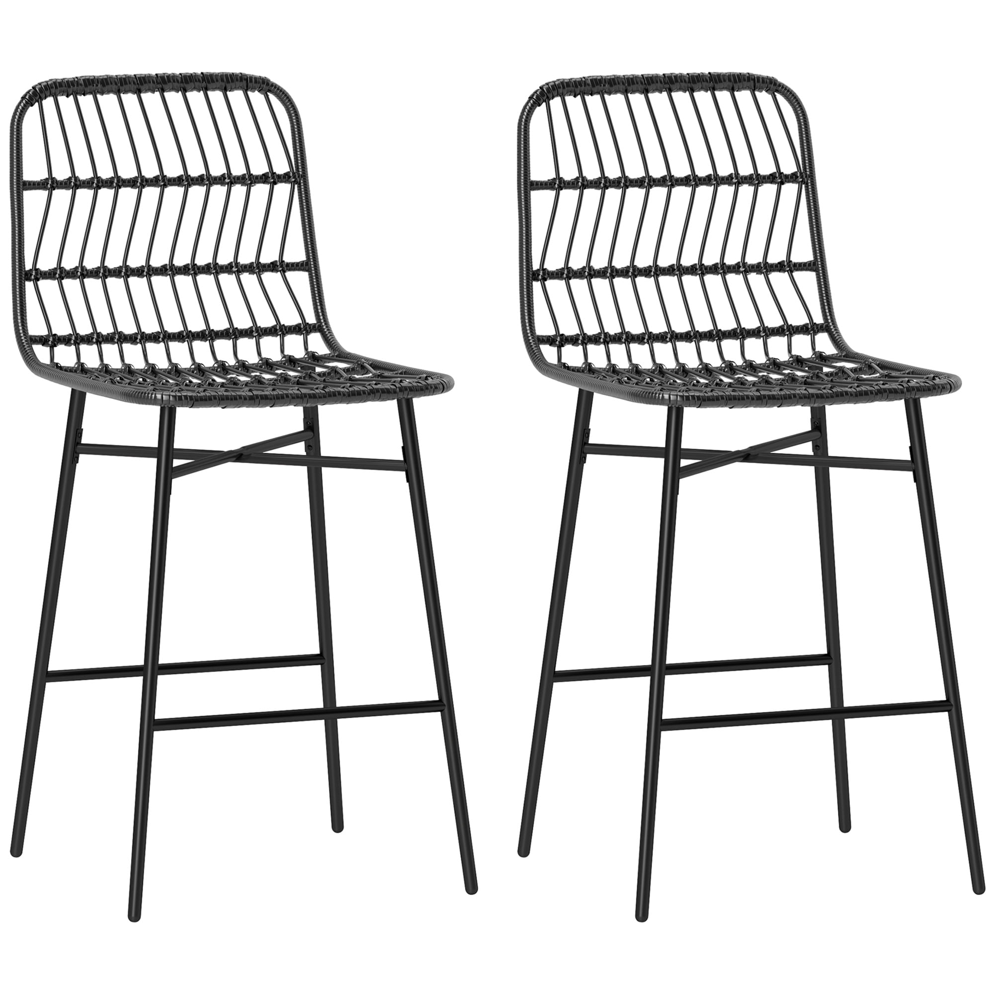 HOMCOM Rattan Counter Height Bar Stools Set of 2, 26" Wicker Barstools with Back, Bar Chairs for Kitchen Island, Kitchen Counter, Dining Room, Black