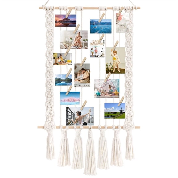 Hanging Photo Display with 30 Wood Clips Macrame Wall Picture Holder Collage Frame for Boho Decor