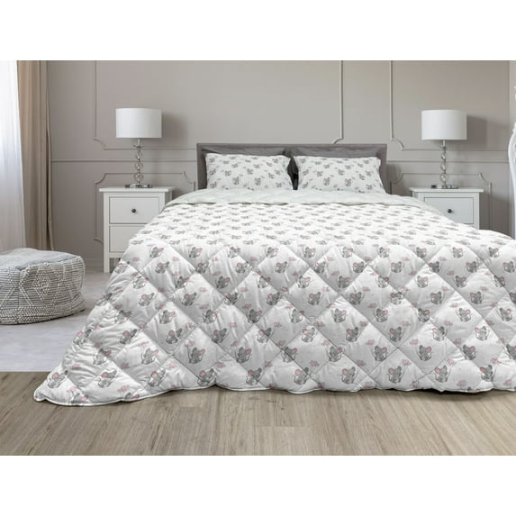 Cartoon Comforter & Sham Bedding Set, Mice Along Heart Shaped Balloons Birthday Shower Celebration, 3 pcs Duvet Set Microfiber Filling Quilt, 5 Sizes, Pale Pink Grey White, by Ambesonne