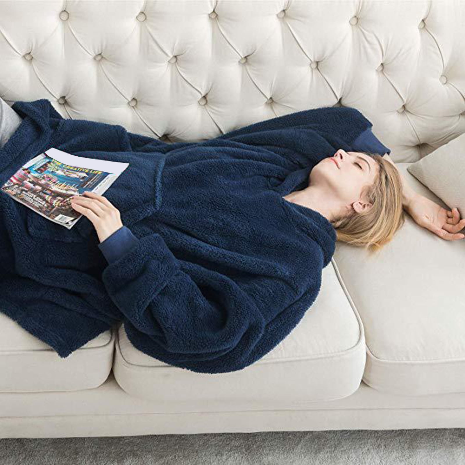 Generic Oversized Hooded Blanket Sweatshirt Double Sided Fleece Wearable Blanket Couple Men Women Home Leisure Wear Blue