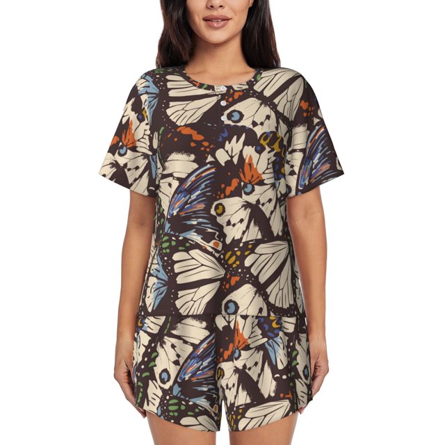 Fotbe Vector Butterflies Conjunto de Pijama Estampado para Mujer, 2 Piezas, Ropa de Dormir con Camiseta de Manga Corta y Shorts Suaves-Small