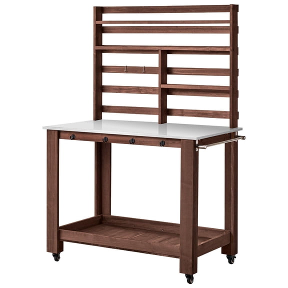 Potting Bench Table Outdoor Gardening Workstation with 45 x 26 in Stainless Steel Tabletop Storage Shelves 4 Casters Hooks for Patio Backyard Brown