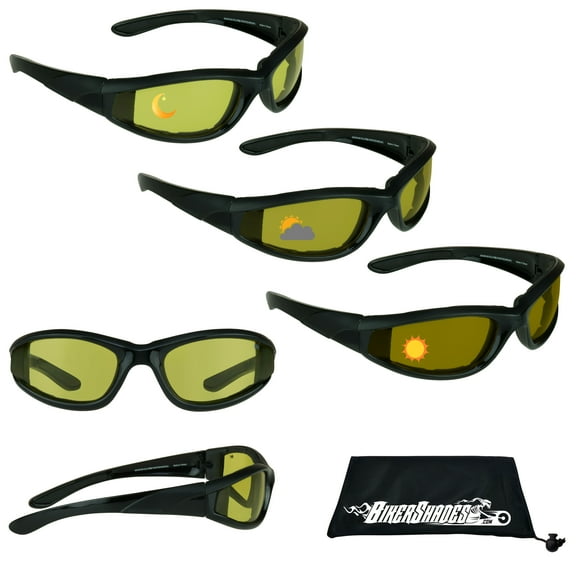 Bikershades Motorcycle Transitional Sunglass Day Night Riding Photochromic Black Yellow