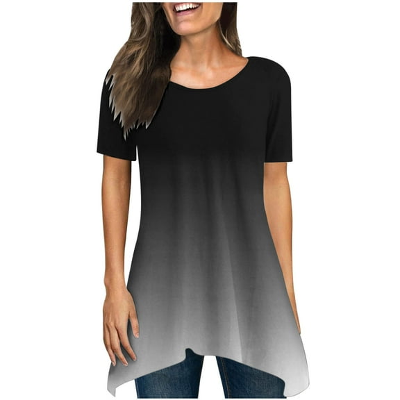 JGGSPWM Womens Short Sleeve Crewneck Neck Asymmetrical Hemline Flowy Blouse Handkerchief Hem Tunic Tops Floral l Printed Tees Black S