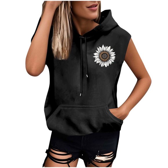 Womens Sleeveless Hooded Vest Floral Hoodie Sweatshirts for Women Casual Summer Hoodies with Kanga Pocket Black, XL