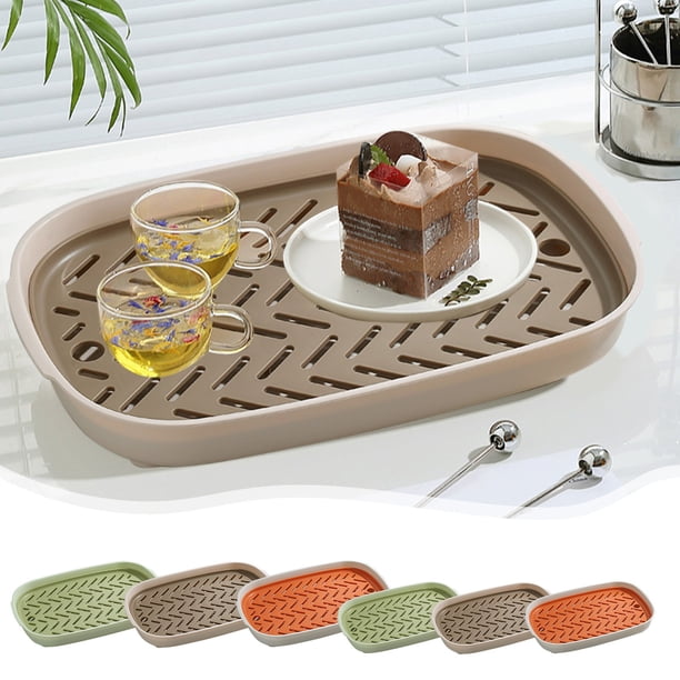 Bandeja de té con doble drenaje para cocina y salón | Bandeja de fruta de plástico grande, estantería para el juego de té, utensilios | Estantería que ahorra espacio, diseño de dos niveles, fácil de