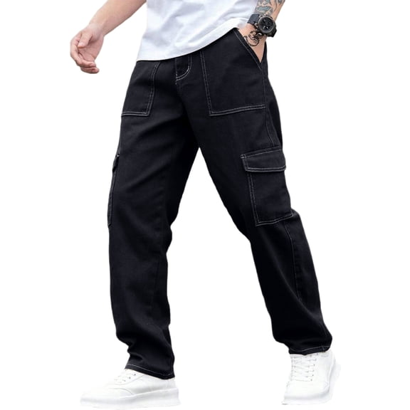 Men's Cargo Work Pants Durable Ripstop Twill Woven Cargo Pants Contrast Stitch Multi Pocket Loose Straight Leg Work Trousers Casual Outdoor Tactical Pants For Walking Skateboarding