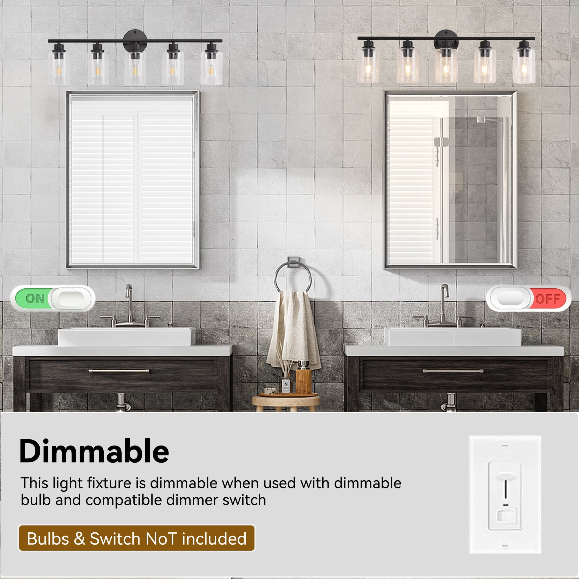 5-Light Modern Vanity Light with Clear Glass Shade - Dimmable Bathroom Black Wall Lamp for Mirror, Kitchen, Hallway