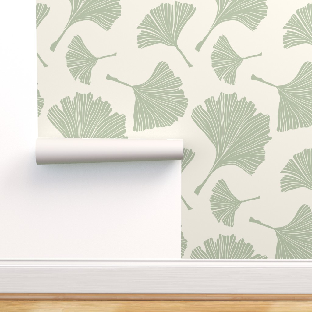 Peel & Stick Wallpaper 3ft x 2ft - Ginkgo Biloba Line Art Leaves Sage