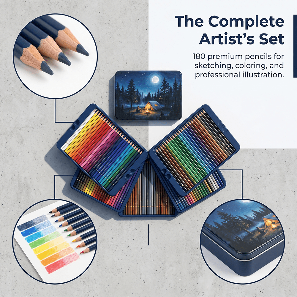 180 Colored Pencils, 180 Oil Based Professional Color Pencils for Artists Adults Coloring Sketching and Drawing,Organized in Presentation Tin Case