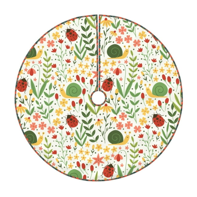 Fotbe Ladybug And Wild Flowers Pattern Christmas Tree Skirt, Tree Skirts Plush Christmas Decorations, Christmas Tree Skirts Xmas Decorations Holiday Party Decor-36"