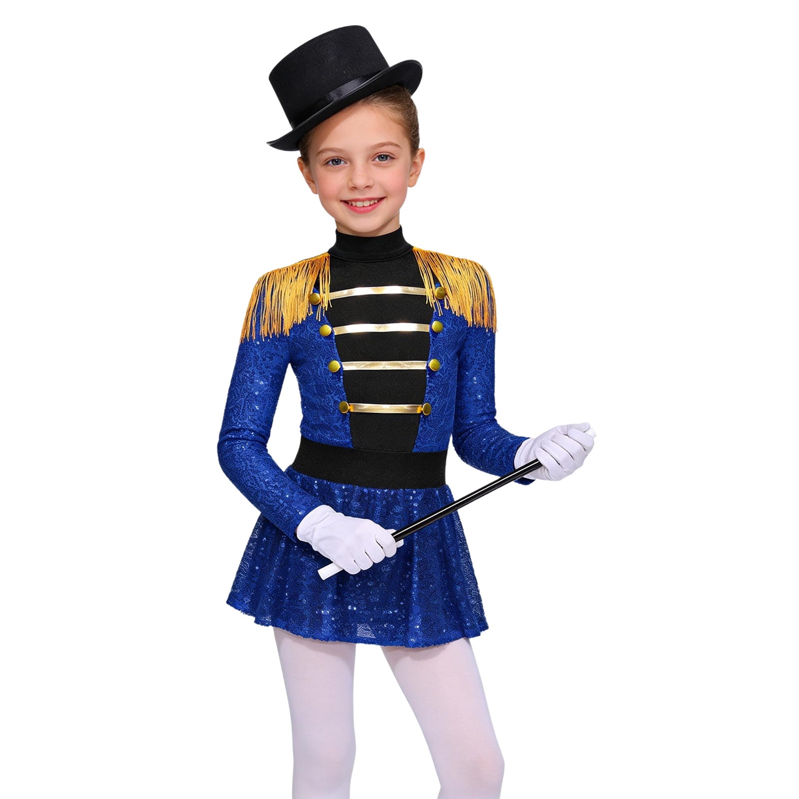 iiniim Girls Circus Ringmaster Jumpsuit Shiny Sequins Performance Leotard Dress Magician Outfits Blue 6