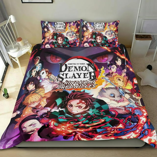 Kimetsu no Yaiba Conjunto de sábanas temático, trío de piezas, cómodo y amigable con la piel, diseño único, regalo de decoración para el hogar para familiares, amigos y fans,140cm *210cm