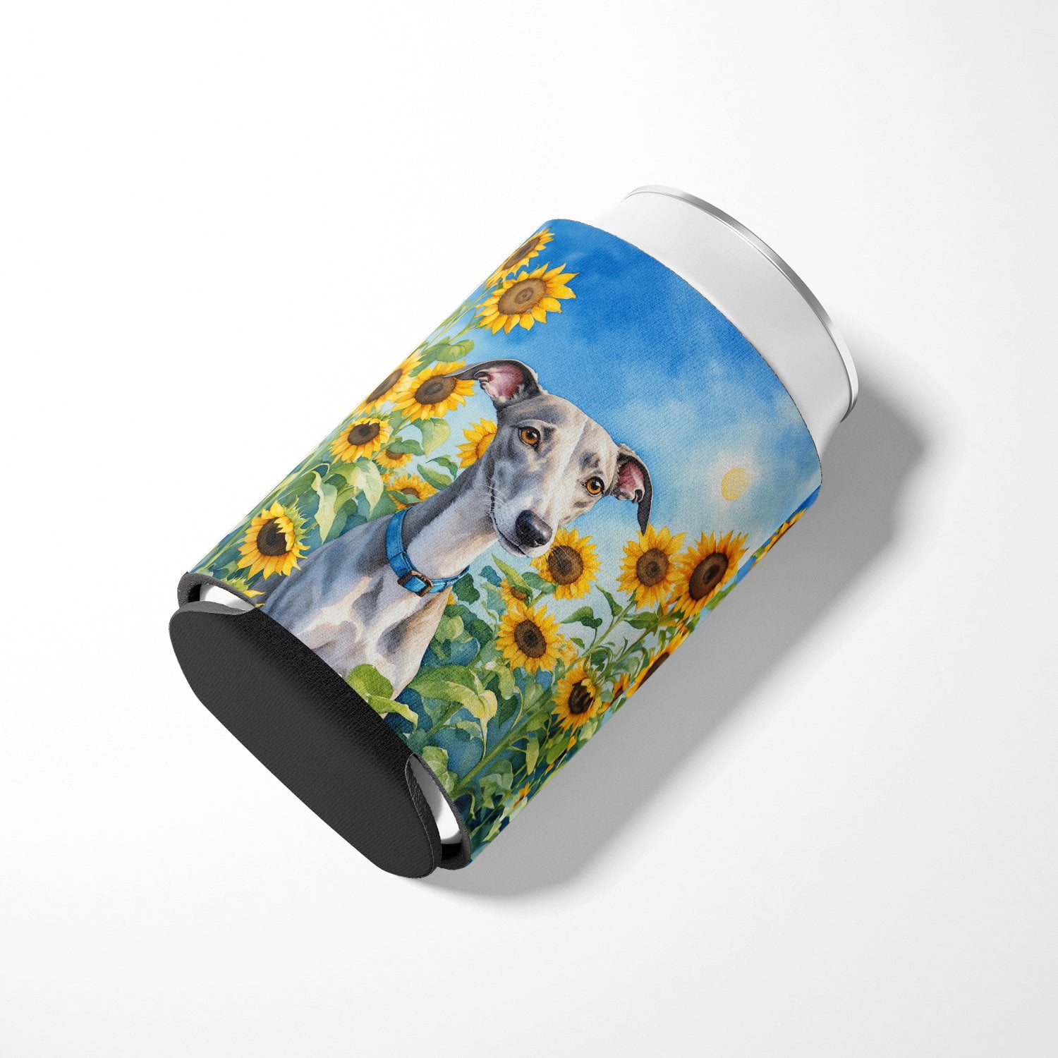 Whippet in Sunflowers Can or Bottle Hugger 3 in x 5 in