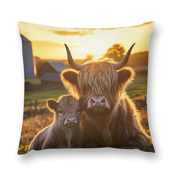 Highland Cattle with Baby Cow Sunset Throw Pillow Cases Plush Pillow Cover Decorative Pillowcases Zipper Closure Cushion Covers for Couch Living Room Bedroom 12 "x12 "