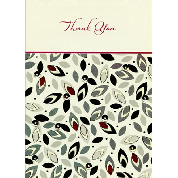 Designer Greetings Silver Foil Leaves, Sequins and Burgundy Die Cut Windows Hand Decorated Designer Boutique Keepsake Thank You Card