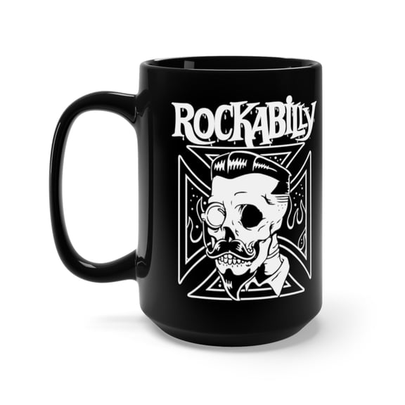 Rockabilly Hipster Skull Monocle Iron Cross Coffee Mug, 15oz, Black