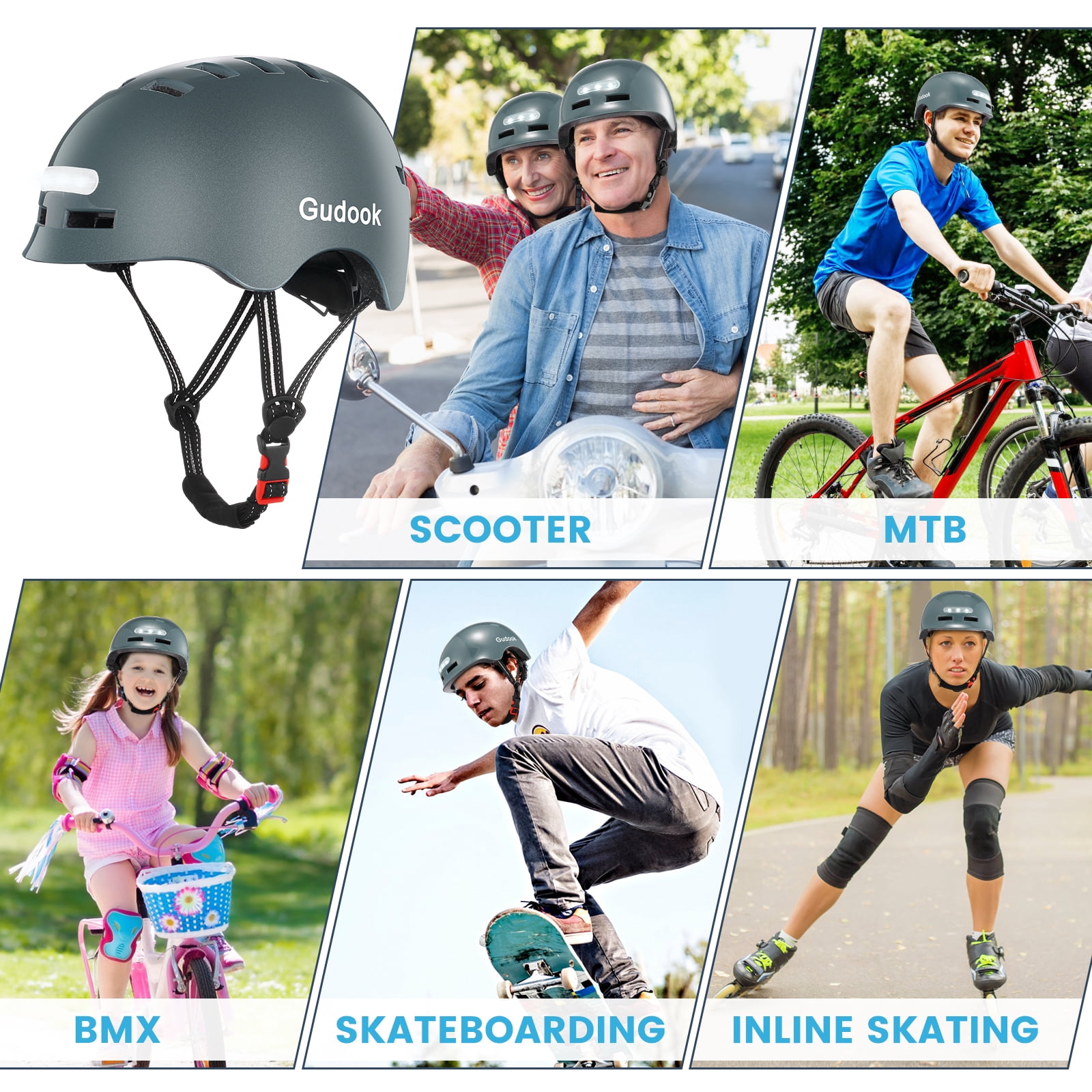 Adult Bike Helmet with Light - Bicycle Helmets Men - Women - Front and Back LED Lights Adjustable Cycling Helmet for Urban Commuter Biking Scooter