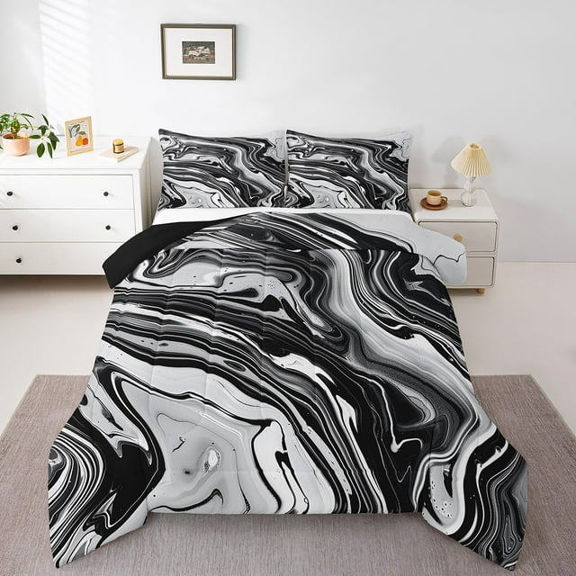 Marble Comforter Set Full Size For Adults Men,Black White Abstract Fluid Marble Grain Kids Bedding Set Gradient Marbling Down Comforter For Boys Ink Marble Texture Bed Set