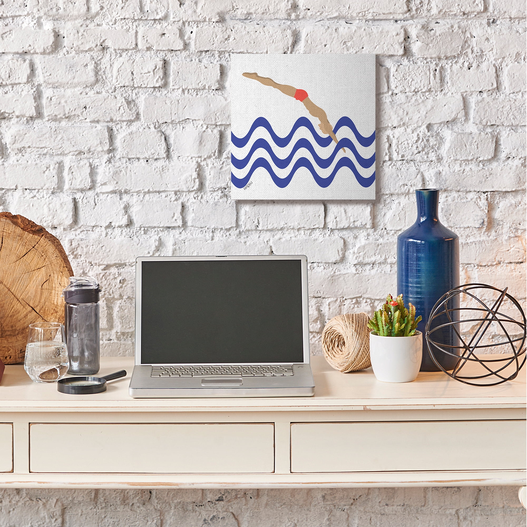 Minimal Male Diver Abstract Blue Nautical Waves Sports Gallery-Wrapped Canvas Print Wall Art, 17x17