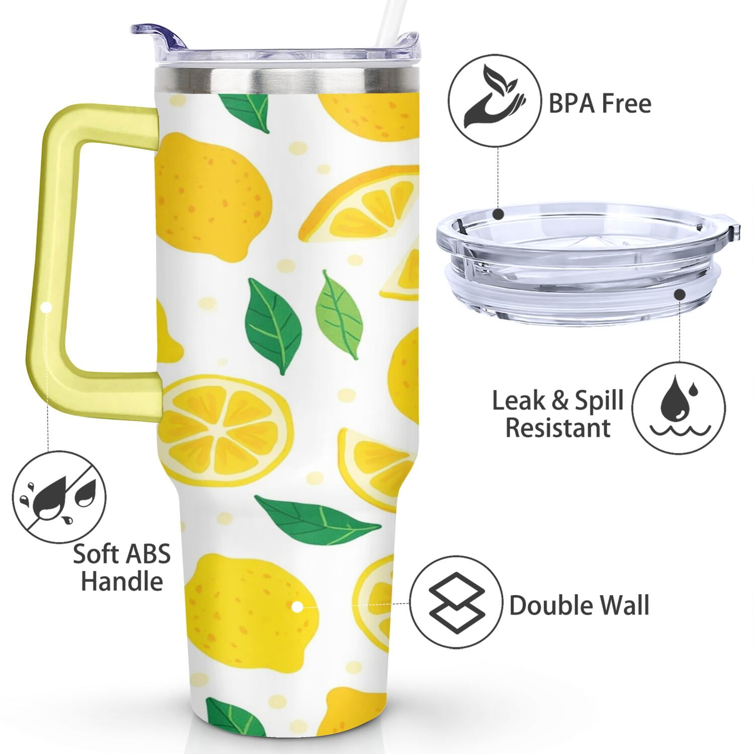 40 oz Lemon Cup with Handle Vacuum Insulated Travel Mug Gift for Women Men