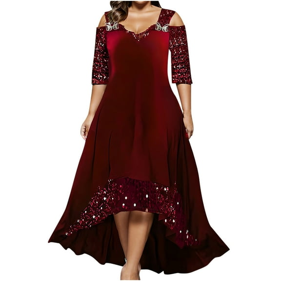 Mikilon Women Casual Plus Size Evening Dresses Solid Color Short Sleeve V-Neck Off the Shoulder Dress