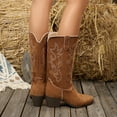 thumbnail image 5 of Retro Wide Calf Cowboy Boots for Women Roman Embroidered Suede Chunky Mid Heel Cowgirl Tall Boots Brown Size 7.5, 5 of 7