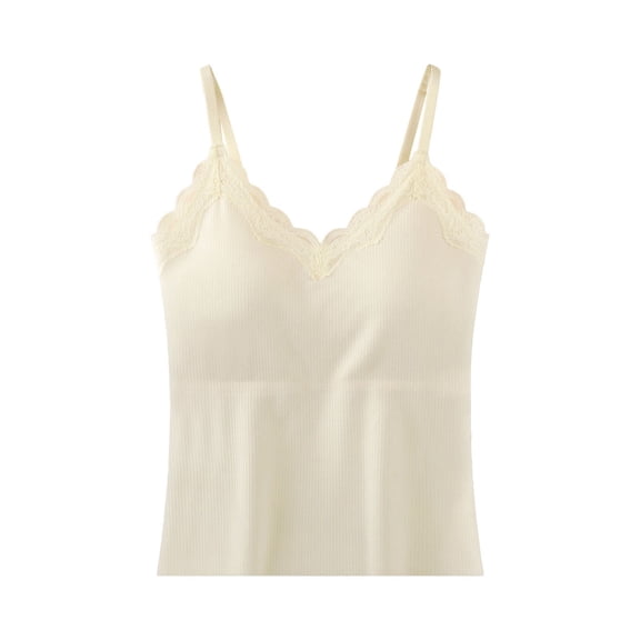 ZNQHFRE Women's Lace V‑Neck Spaghetti Strap Camisole, Ribbed Crop Tank Top With Built‑In Bra For Layering Casual Wear L
