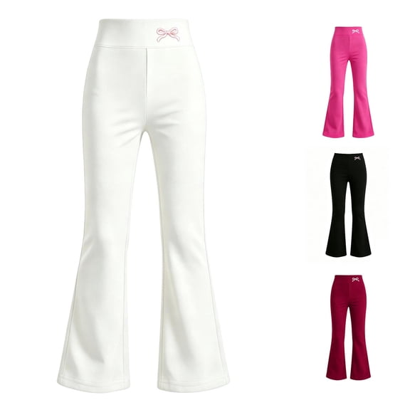 WhouRiu Girls Casual Flared Pants Back To School Bow Graphic Elastic Waist Loose Trousers Kids Comfortable Cute Everyday Wear,4-5 Years