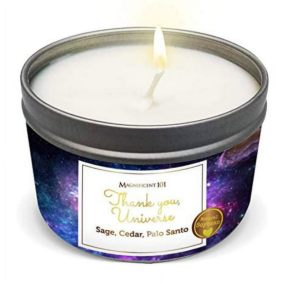 Magnificent 101 Affirmation - Thank You Universe Aromatherapy Smudge Candle | 6 Oz - 35-Hour Burn | 100% Soy Wax, Sage, Cedar, Palo Santo Oils | Ideal for Energy Cleansing & Manifestation