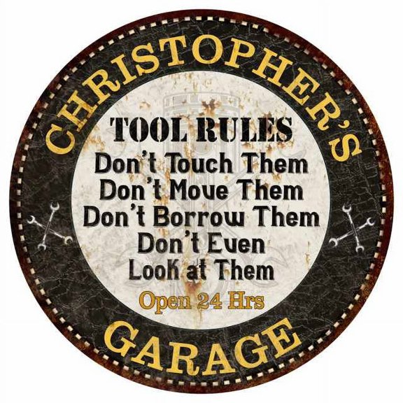 CHRISTOPHER'S Garage Rules 12" Round Metal Sign Garage Bar Décor 200120013500