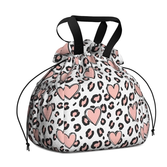 Pink and White Leopard Print Pattern Drawstring Insulated Lunch Bag for Women, Stain-Resistant Large Lunch Tote with Multi-Pockets for Work Office