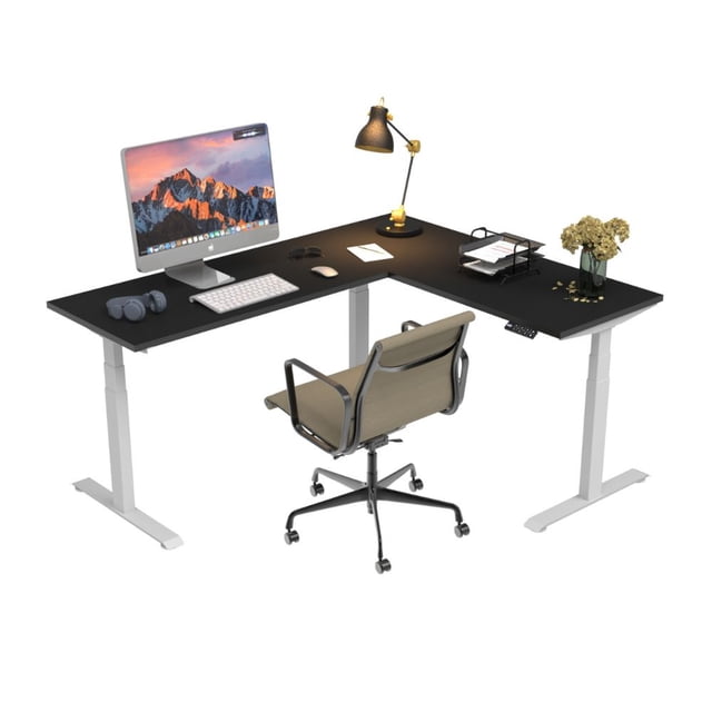 Escritorio En L De Altura Ajustable Tipo Escuadra 180x150cm 25mm De Grosor Color Negro Con Blanco Amplio Y Resistente 150 Kg De Capacidad