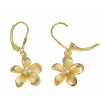 925 Sterling silver yellow gold plated Hawaiian plumeria flower 3 cz leverback earrings 15mm