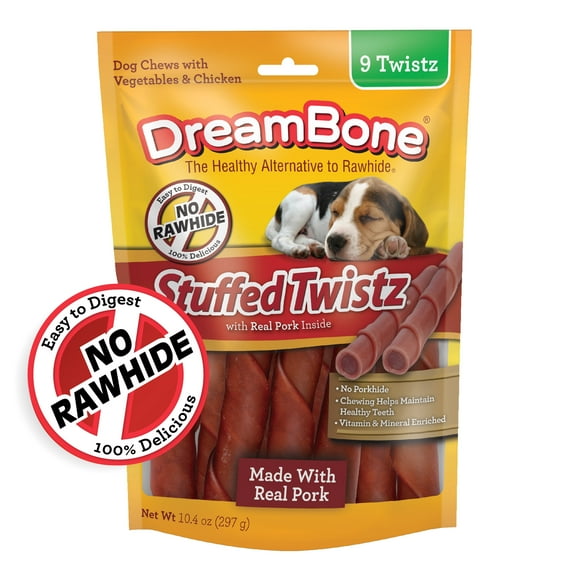 DreamBone Stuffed Twistz Rawhide-Free Chews for Dogs, with Real Pork, 9 Count