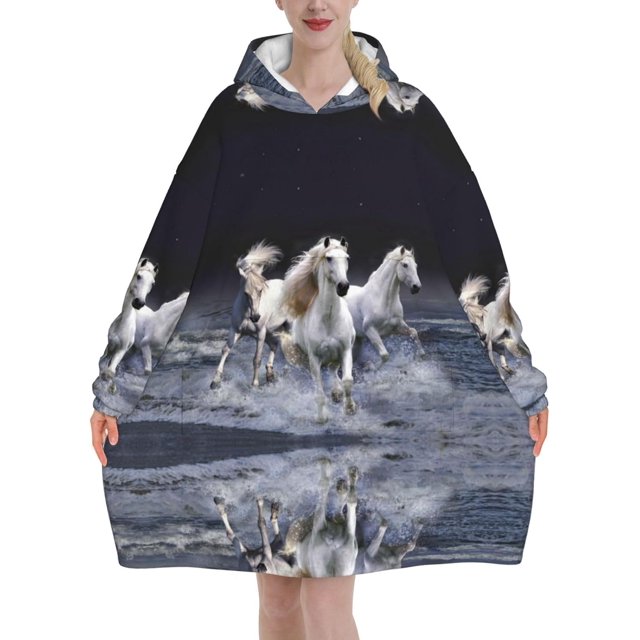 Horse,Women's Oversized Wearable Blanket Hoodie, Blanket Sweatshirt,Flannel Pullover Blanket