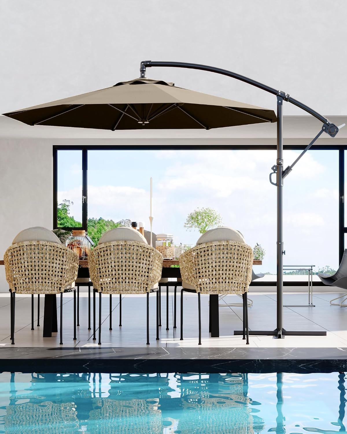 Memoryfield 10FT Outdoor Patio Hanging Offset Cantilever Umbrella, Cantilever Market Umbrella with Cross Base, Tan Color