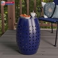 thumbnail image 2 of Hassch 18"H Metal Drum Side Table with Hollow Floral Cut-Out, Round Powder-Coated Iron Patio End Table, All-Weather Indoor Outdoor Accent Table for Living Room Garden Balcony, Blue, 2 of 9