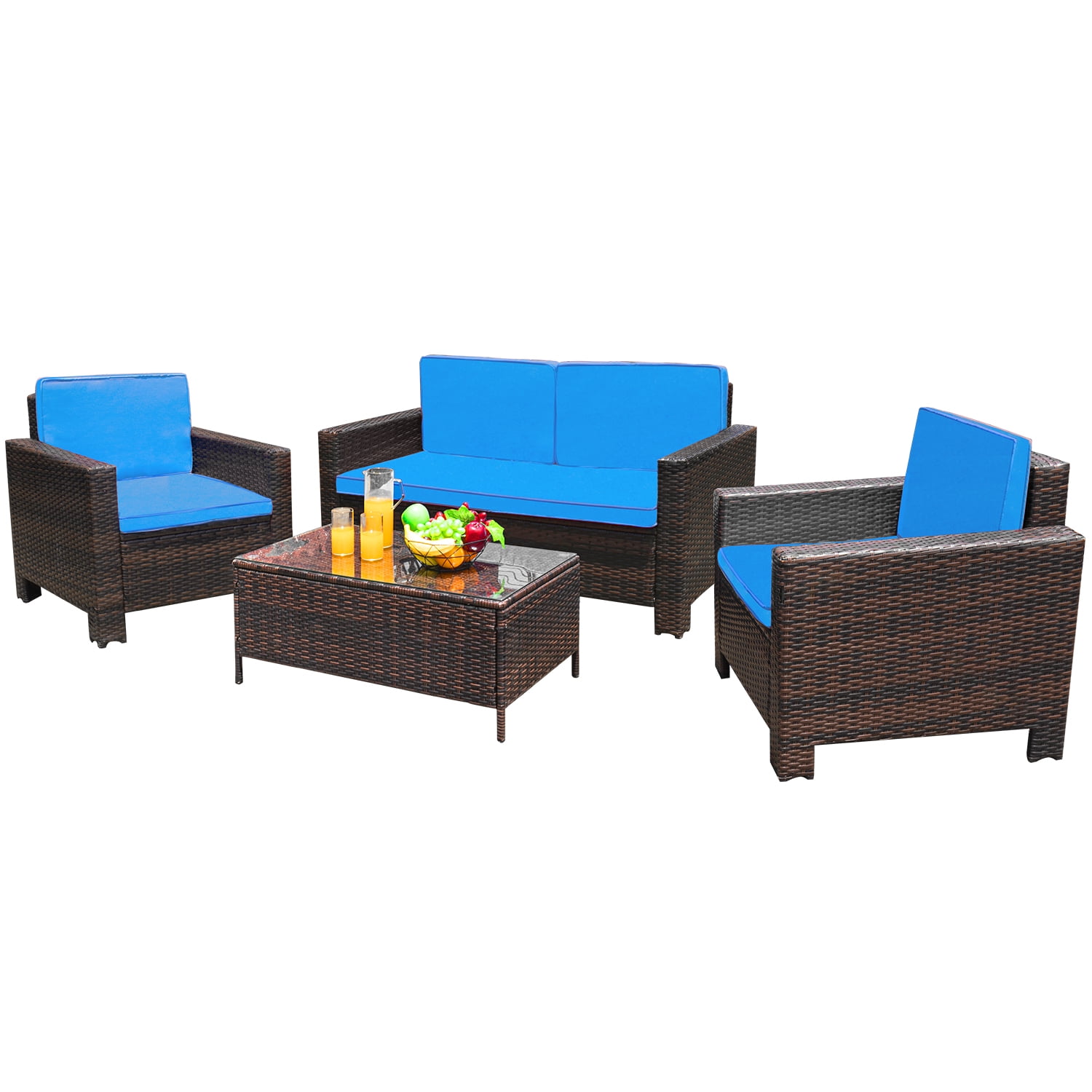 Devoko 4 Pieces Patio Conversation Set PE Rattan Wicker Furniture Sofa Set Outdoor Indoor Furniture Set, Blue