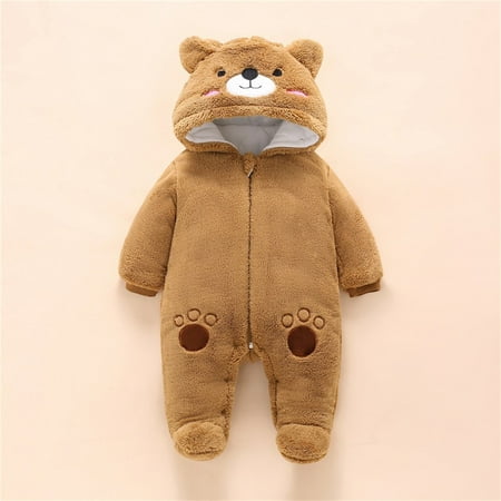 

SDJMa Newborn Baby Fleece Footie Snowsuit Winter Onesie Cartoon Bear Warm Hooded Outfits Newborn Snowsuit(Brown)