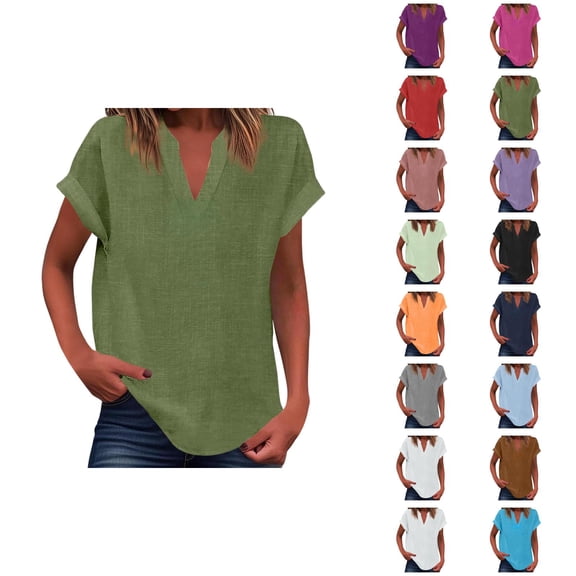 Linen Shirts for Women Short Sleeve V Neck Loose Fit Casual Plain T Shirts Summer Lightweight Tees