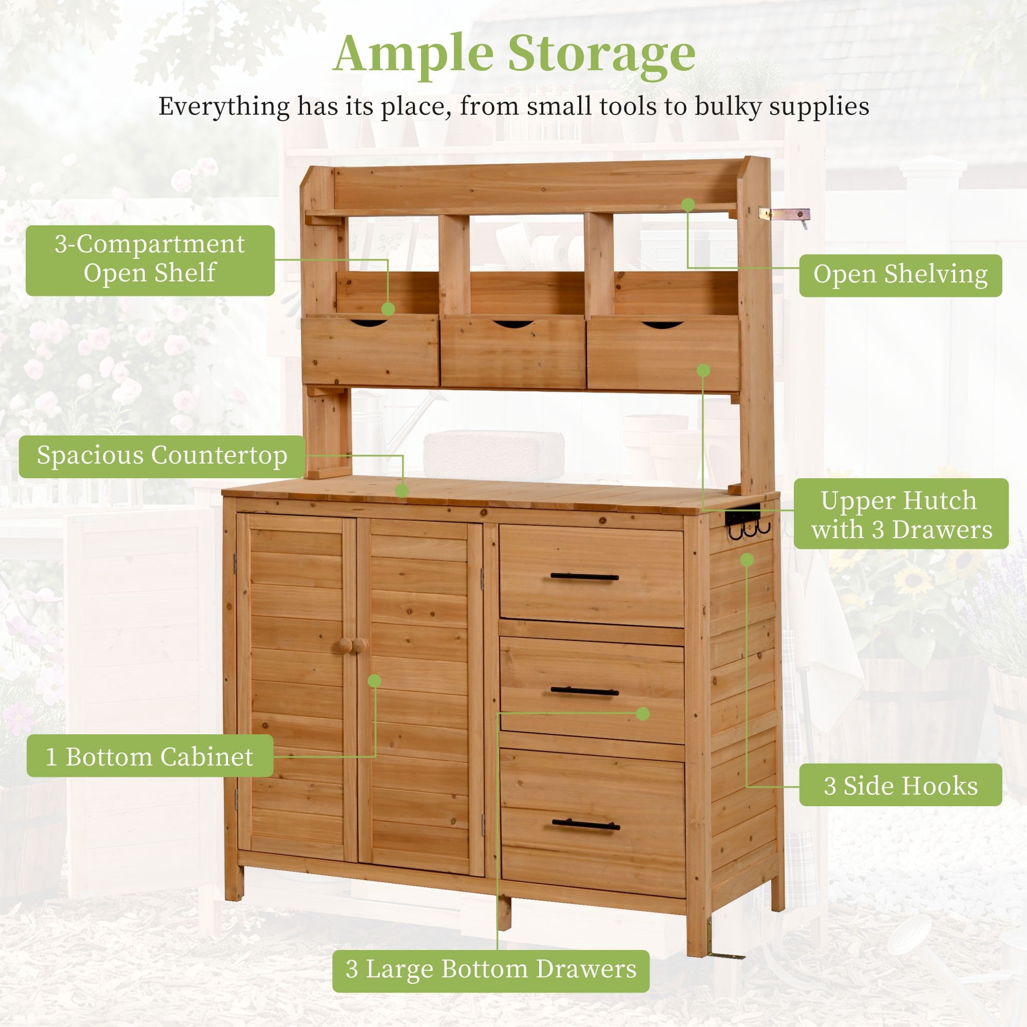 Sailvan 65" Solid Wood Patio Kitchen Island & Garden Potting Bench,Outdoor Grill Prep Station with 6 Drawers,Storage Cabinet and Hutch Natural Wood