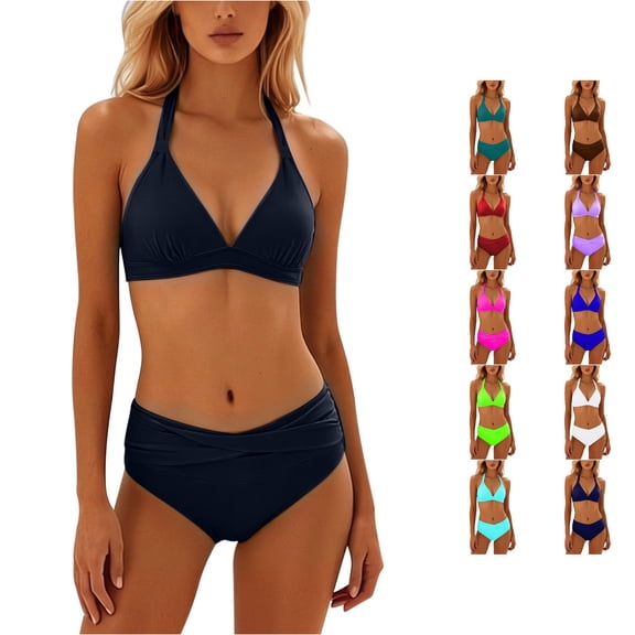 WEIGFI Womens Bikini Sets 2 Piece Swimwear Push Up Top And High Waist Bottom Halter Neck Cheeky Swimsuit Solid Color Elegant Triangle Summer Pool Comfort Holiday Swim Wear,Black,L