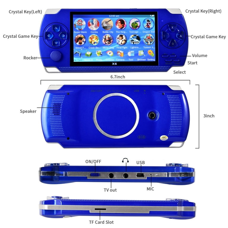 PSP Handheld Game Machine X6,8GB,with 4.3 Inch High Definition Screen,  Built-in Over 9999 Free Games,Blue 